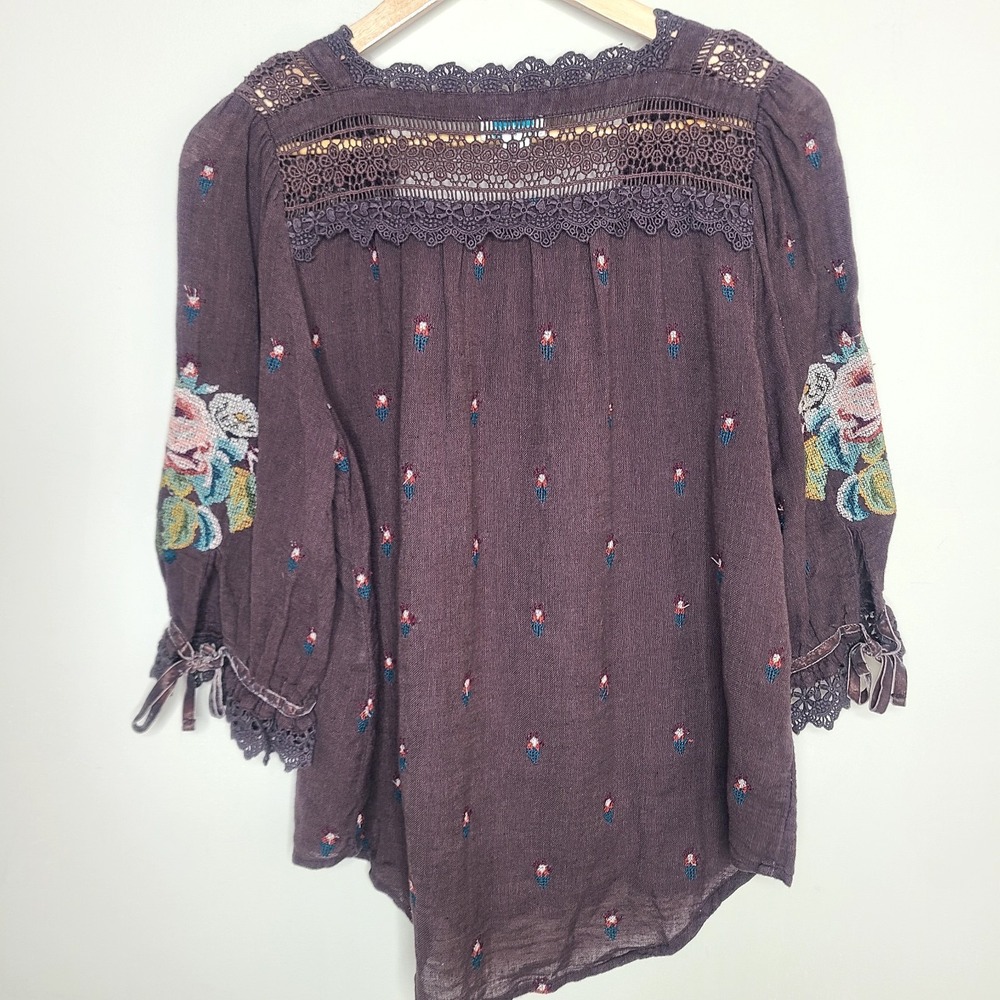 Sundance Brown Square Neck Lacy Embroidered Linen Blend Top Blouse Boho Small - Picture 5 of 8